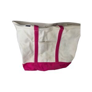 Lands End White Pink Canvas Boat Tote Bag Beach XLarge 24 x 18